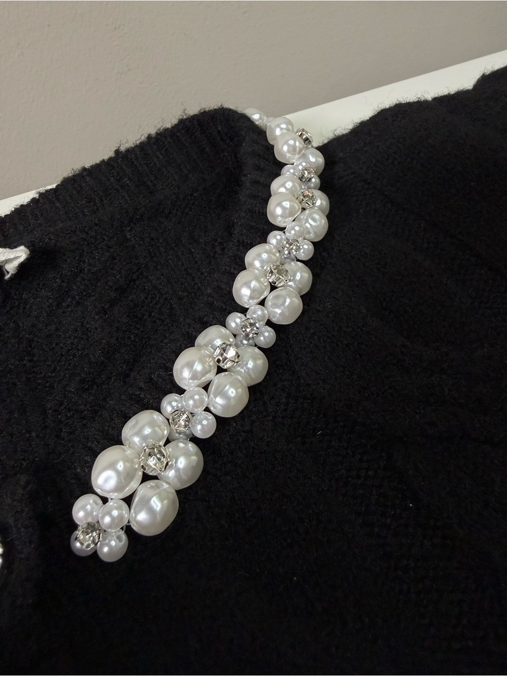 Sugarlips | Pearl Embellished Cable Puff Sleeve Knit Cardigan | Black | Size M - Picture 4 of 11